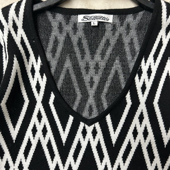 Stilettos Women's Black/White Polyester V-Neck LongSleeve Knee Length Dress L - Picture 2 of 4